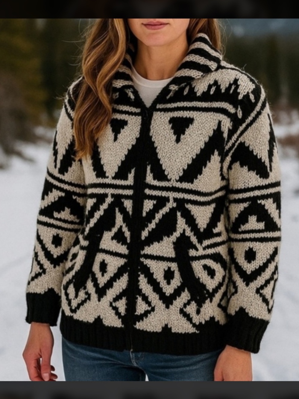 Lost Horizons Lunar Journey Zip Sweater - Black Ivory Wool - L/XL